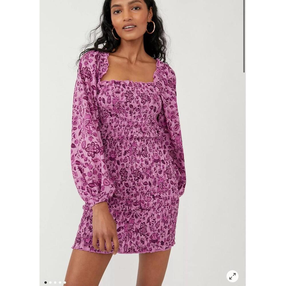 Free People Smock It To Me Mini Dress Floral Square Neck Long Sleeve L